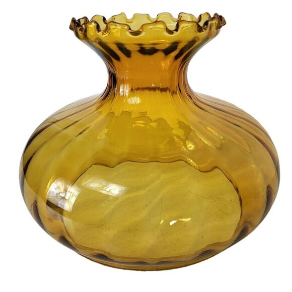 Vintage MCM Amber Ribbed Glass Empoli Ruffled Edge Hurricane Parlor Lampshade - Picture 6 of 11